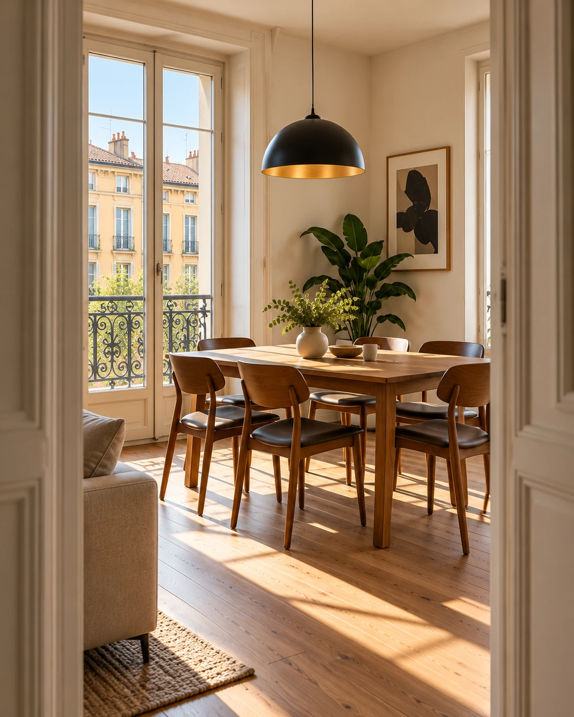 Zona pranzo con tavolo in legno e portafinestra sul balcone